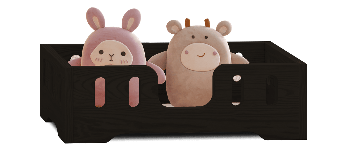 Holzpuppenbett mit länglichen Aussparungen in den Schutzgittern aus Kiefernsperrholz in Schwarz